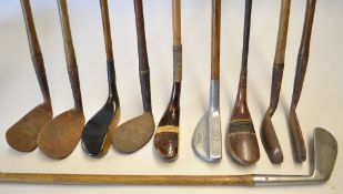 10x various irons and putters to incl Spalding large headed niblick, Gibson Fairlie's patent anti-