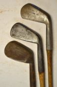 3x smooth faced irons stamped W Park Musselburgh including a deep faced driving iron, mashie will