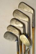 6x assorted golf irons to include 4x smf - a pitcher, cleek, mid iron, mashies and mashie niblicks -