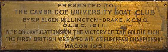 Rowing - 1951 Cambridge University Boat Club engraved brass plaque inscribed 