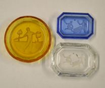 Tennis glass pin dishes c. 1920 - 3x various Heinrich Hoffman style intaglio cut glass colour pin