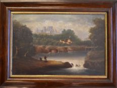 Early Fishing scene c.1890 - oil on board with a fisherman and ghillie salmon fly fishing in the