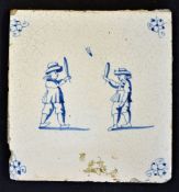 Battledore: rare Delft blue and white tile c.1660 - with decorative floral corners and 2 men playing