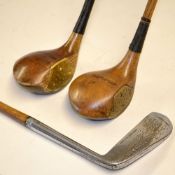 3x fine A G Spalding & Company woods and putter to include 2 matching patent light stained persimmon