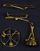 Golfing Brooch selection including Hole in One Brooch marked 735 3.7g, yellow metal triple golf club