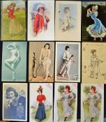 12 x various glamour girl golfing postcards from 1907 onwards to incl 3x Lowney Chocolates
