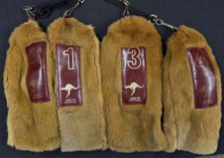 4x Kangaroo Golf Head covers fur texture with red and gold gilt leather labels stitched to the tops,