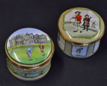 Pair of Halcyon Days golfing scene enamel boxes one with 