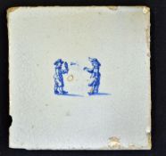 Battledore: rare Delft blue and white tile c.1660 - plain corners and decorated with 2 men playing