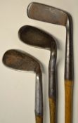 3x Anti-shank irons and putter to incl Fairlie's Pat niblick, Smith's Patent 