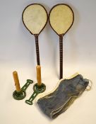 Pair of long handle battledores with decorative paper wrapped handles and frame overall 17