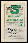 1947 Ireland vs Australia rugby programme played at Lansdowne Road Australia winning 16-3 usual