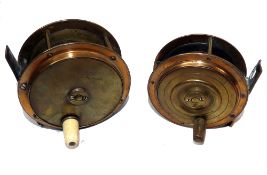 REELS: (2) An unusual pair of copper and brass Hercules pattern fly reels, a 4
