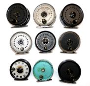 REELS: (9) Collection of nine JW Young alloy fly reels, incl. 3 x 3.75