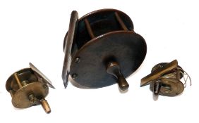REELS: (3) Fine early all brass multi pillar salmon winch, 3.75