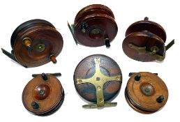 REELS: (6) Collection of six wood/brass Nottingham style spine back reels, 3.5