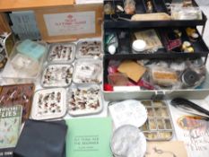ACCESSORIES: Collection of fly tying materials including a Veniard wood box, feather silks, etc. 5