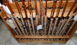ROD RACK: Shakespeare shop retail traditional wooden rod rack for 30 rods, measuring 33