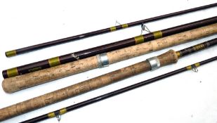 RODS: (2) Hardy Richard Walker Carp 10' 2 piece fibalite rod, gold whipped low bridge guides, 28