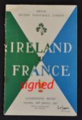 1957 Ireland vs France signed rugby programme - played on Saturday 26th January at Lansdowne Road