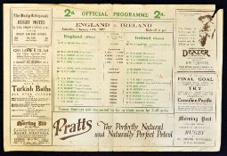 1927 England v Ireland rugby programme played at Twickenham large single folded programme usual