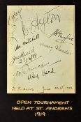 Rare 1919 Open Golf Tournament signed autograph page - inscribed in pen 