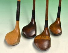 4x woods to include 3x socket necks featuring a Spalding Argyle large shallow faced brassie, another