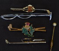 3x various golf club tie pins/brooches to incl brass and enamel cross golf clubs mounted with an