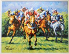 Horse racing ltd ed oleograph print titled 'Over The Jump' signed by the artist Leo Casement - ltd