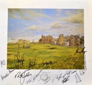The Old Course St Andrews colour print signed by 16 Open Golf Champions titled 