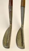 Pair Vickers Orion style wide flanged putters both with the Vickers bowline knot and flat face