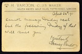 Harry Vardon signed postcard dated 1911 - hand written correspondence on personal 