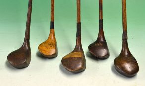 5x woods including a scare neck small head driver stamped WC Ireland, a Collins Llandudno golden