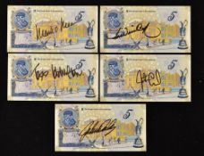 5x Old Tom Morris commemorative signed Bank of Scotland £5 notes - signed by 5 x Open Golf Champions