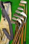 11x good irons and putters in a Spalding golf bag, long irons to niblicks including Korrecta notched