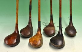 6x assorted sock neck woods to include an indistinctly stamped large head brassie, LM Powel deep