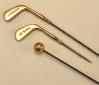 2x Charles Horner 9ct gold golf club hat pins hallmarked Chester 1907 and 1919 (one possibly