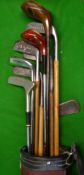 Mixed selection of clubs in a canvas carry bag including 4 Hickory putters and 5x steel shafted