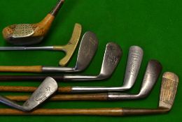 4x mixed irons from cleek to niblick a persimmon socket neck wood with white insert, 2x putters