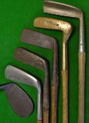 5x assorted putters including 2x Gibson putting irons, a L Auchterlonie brass centre shaft, a