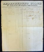 Large Stage Coaching Waybill 1837 Independent Coach to and from Brampton and Carlisle black printing