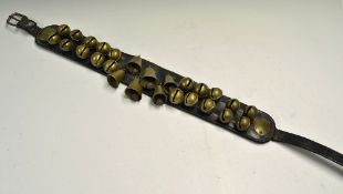 Interesting Early Horse Bell Strap a leather belt buckle type strap with 26 bells attached, measures