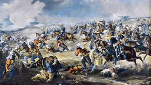 India - Anglo Sikh wars 'The battle of Ramnuggur' watercolour on canvas a stunning watercolour