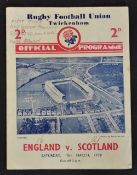 1938 England vs Scotland (Grand Slam Champions) rugby programme played on 19th March, usual pocket
