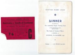 Rare 1957 South of Scotland v Australia rugby ticket and dinner menu - played at Hawick on Sat 7th