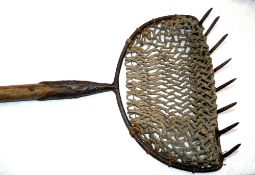 ACCESSORY: Vintage Norfolk pattern cockle rake and net, D shaped frame 16 x10