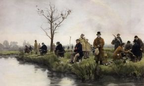 FRAMED PRINT: A Dendy Sadler lithograph colour print, A Pegged Down Fishing Match, mounted in glazed