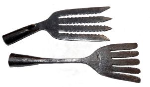 ACCESSORIES: Pair of early hand forged salmon fish spears, 4 and 5 blades, up to 16
