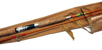 ROD: Allcock Wanless style 7' 2 piece split cane spinning rod, close whipped high bells guides,