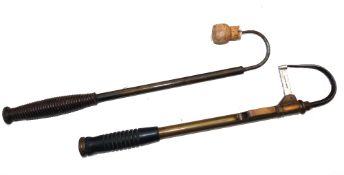 GAFFS: (2) Early single draw Victorian brass extending gaff, turned wood handle, steel point, oval